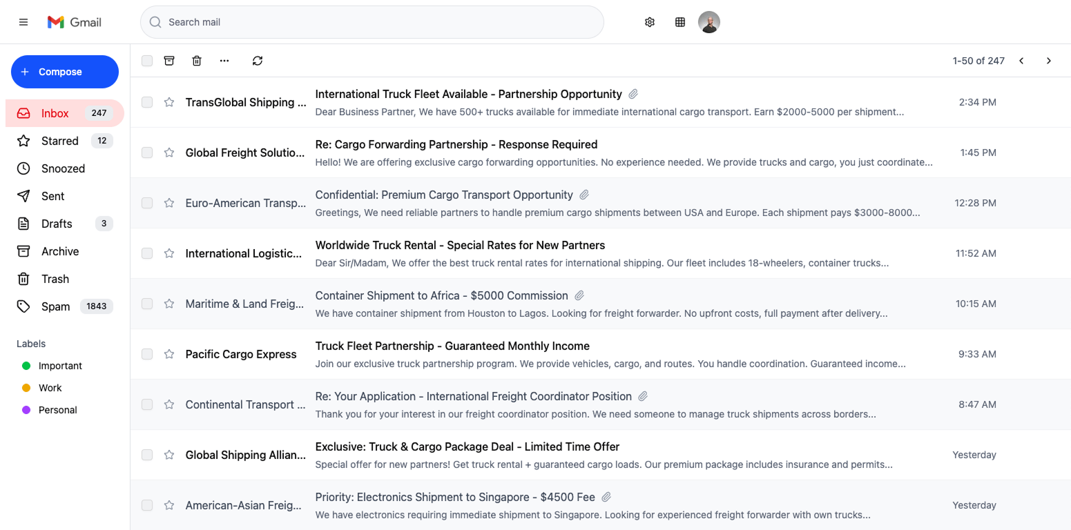 Gmail inbox showing email conversations